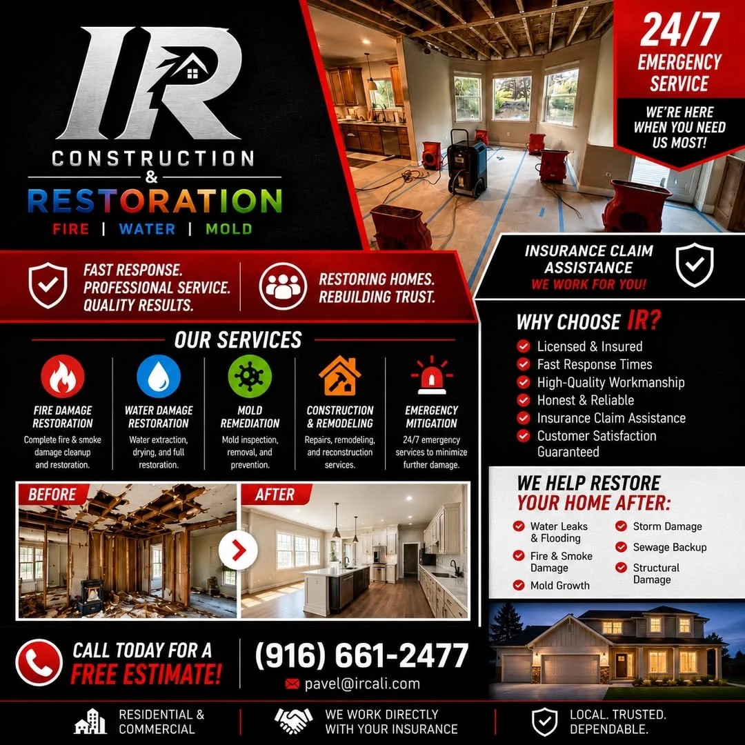 IR Construction & Restoration fire, water, and mold service graphic